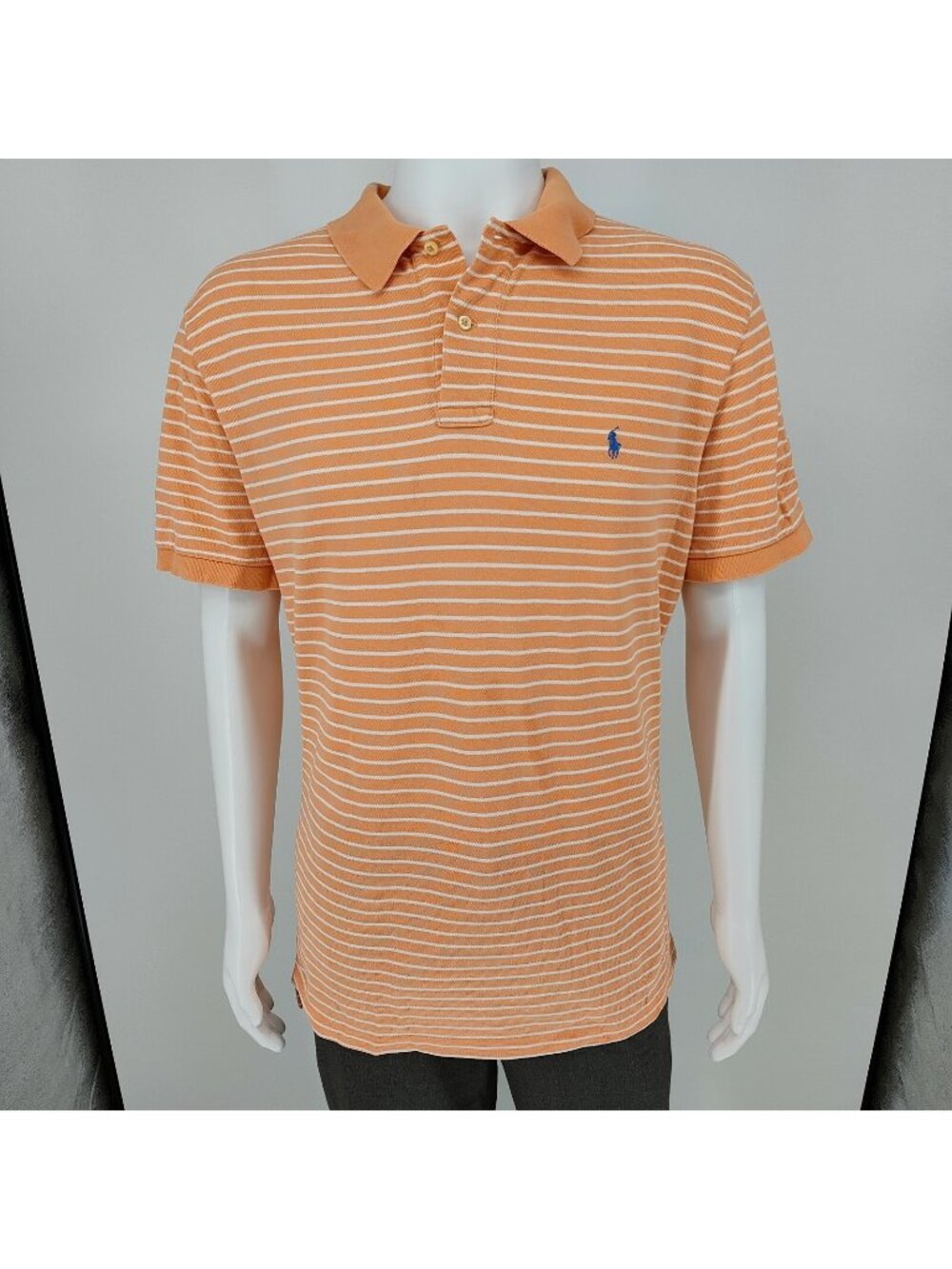 Polo by Ralph Lauren Orange Peach Striped Polo Blue Pony Logo (XL)